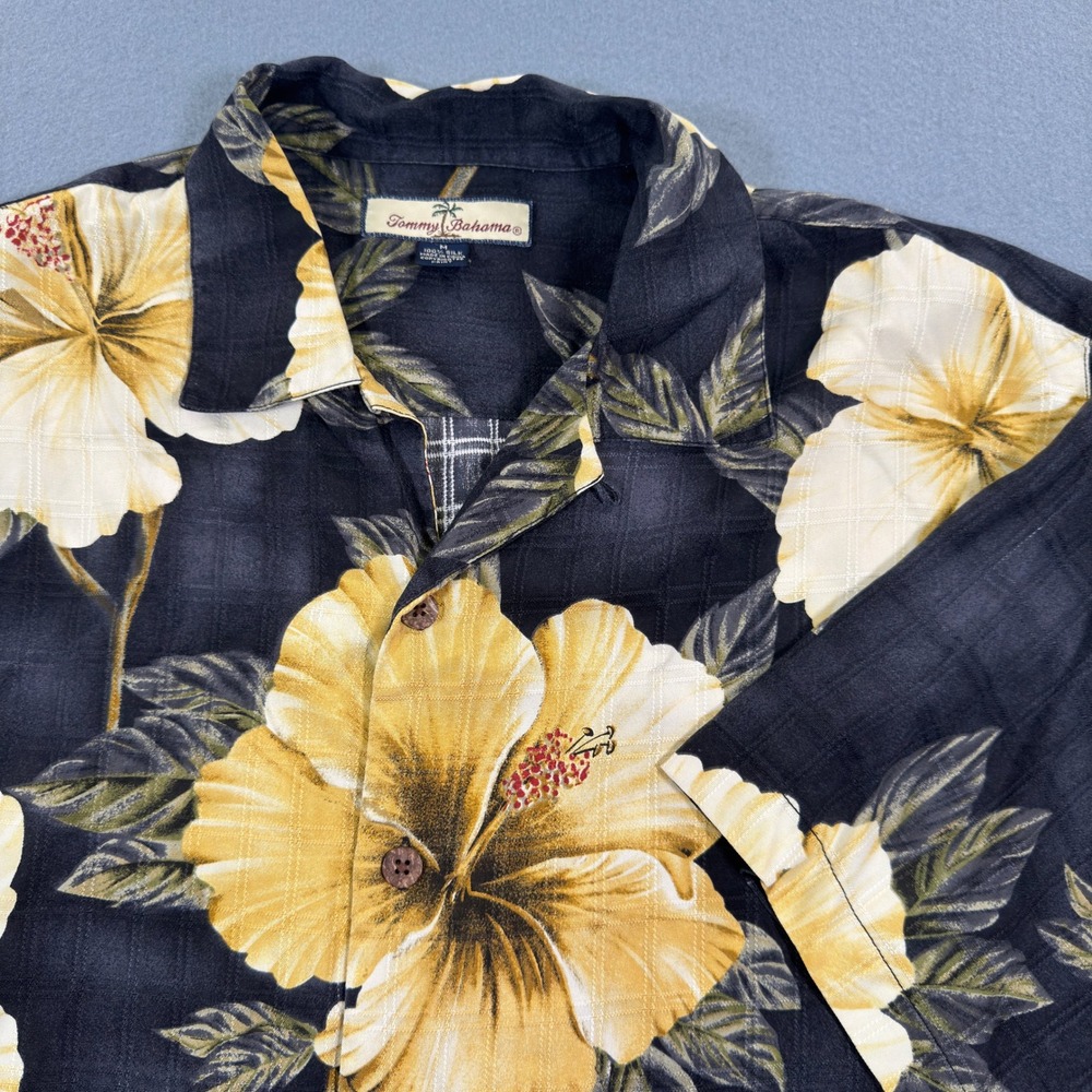 Tommy‎ Bahama Mens Medium Silk Hibiscus Floral Camp Shirt Black Yellow